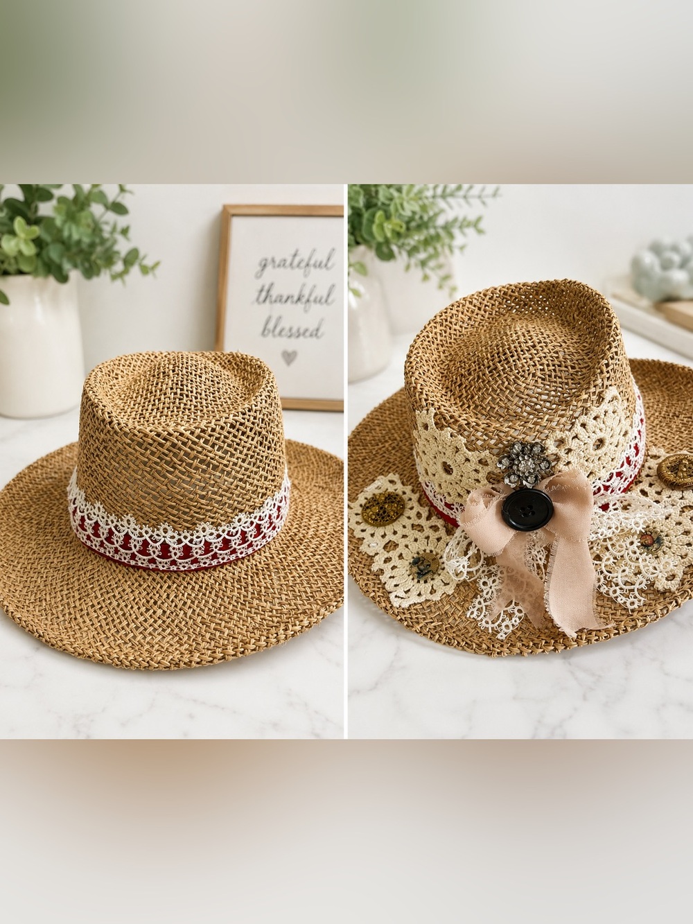 Outdoor Cap Embellished Straw Sun Hat Upcycled Boho Lace Wide Brim